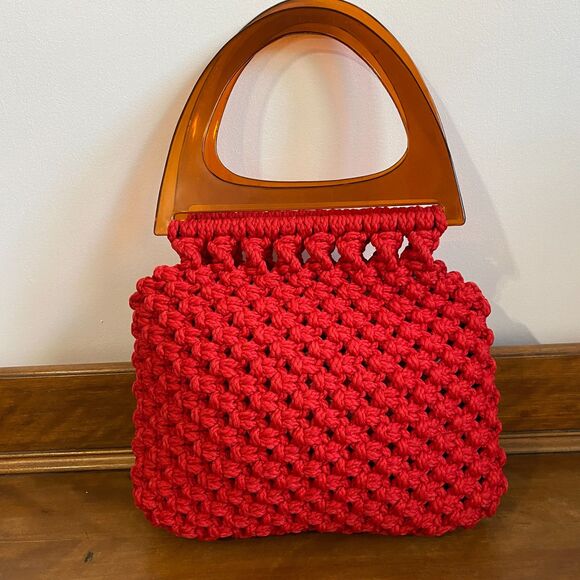 Vintage Boho Cherry Red Crochet Purse with Retro Chunky Amber Lucite Handles - Picture 1 of 10